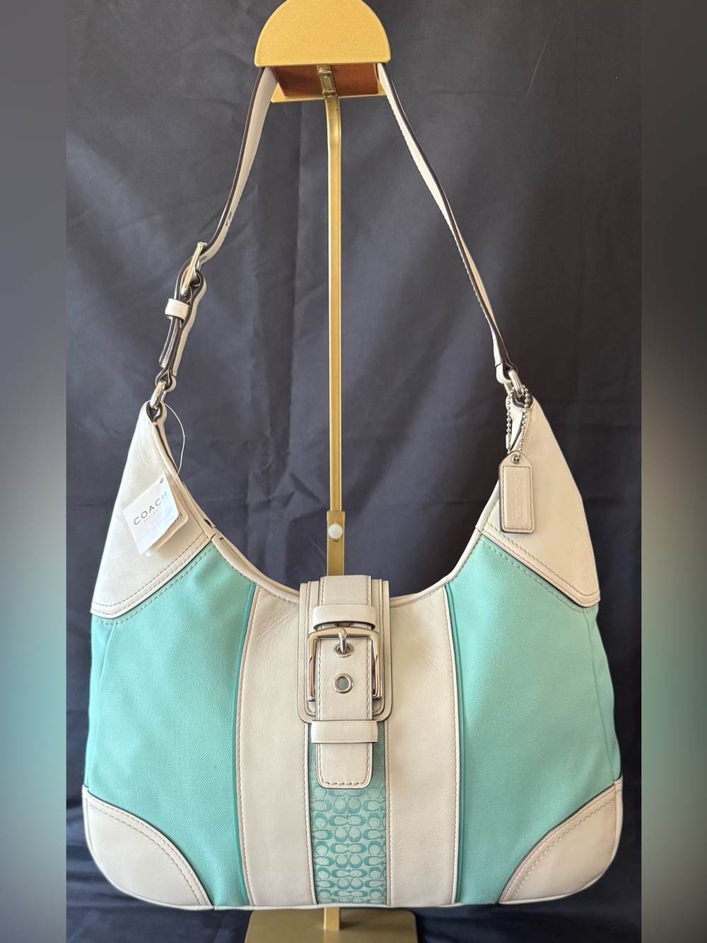 Coach Hamptons Signature Stripe Large Hobo (Style F11680) Teal & Off White Trim